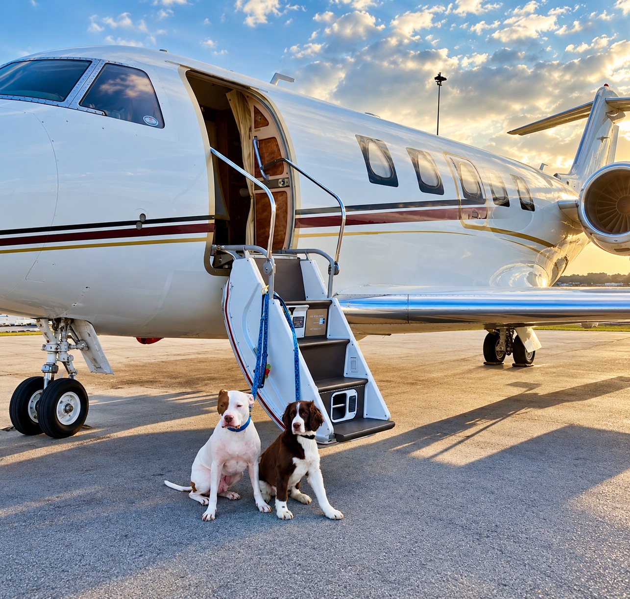 Two dogs sitting on the tarmac in front of an aircraft boarding stair